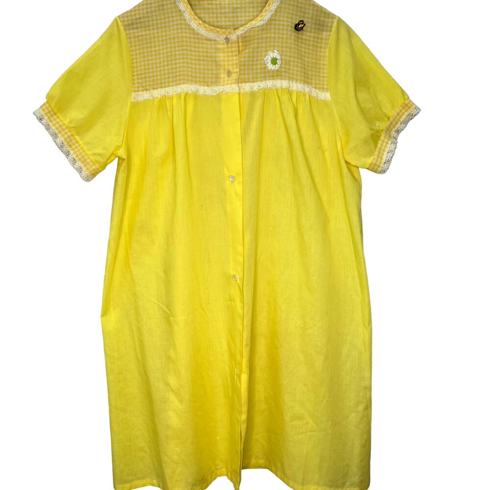 Vintage Archdale Maid House Coat Robe Button Front Yellow Gingham Bee M Lace